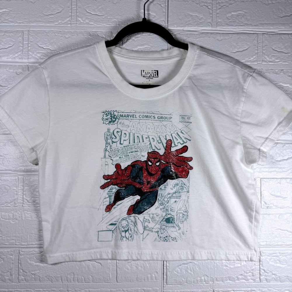 Marvel Graphic Tee Kids L White Spider-Man Comic Cropped Short Sleeve Shirt